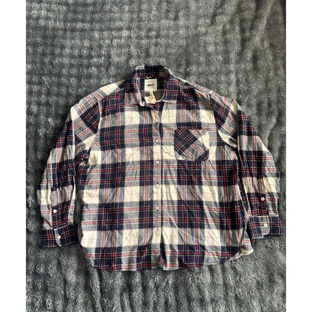NWT Aerie Plaid Flannel Button Down Shirt Size S Blue Red Cream Oversized Pocket